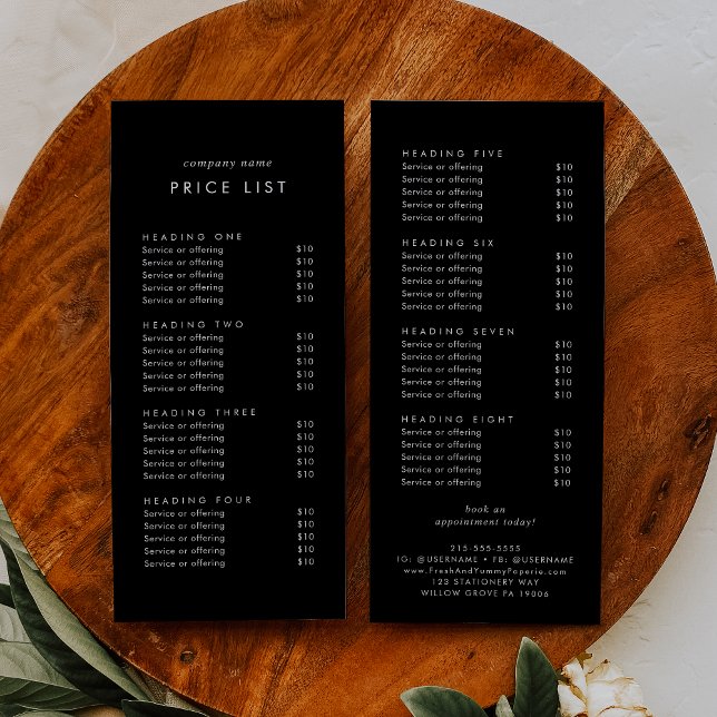 Chic Black Double Sided Business Price List Rack Card (Creator Uploaded)