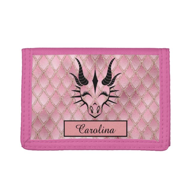Chic Black Dragon Head & Pink Dragon Scales Trifold Wallet (Front)