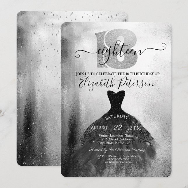  Chic Black Dress Silver Confetti 18th Birthday Invitation (Front/Back)