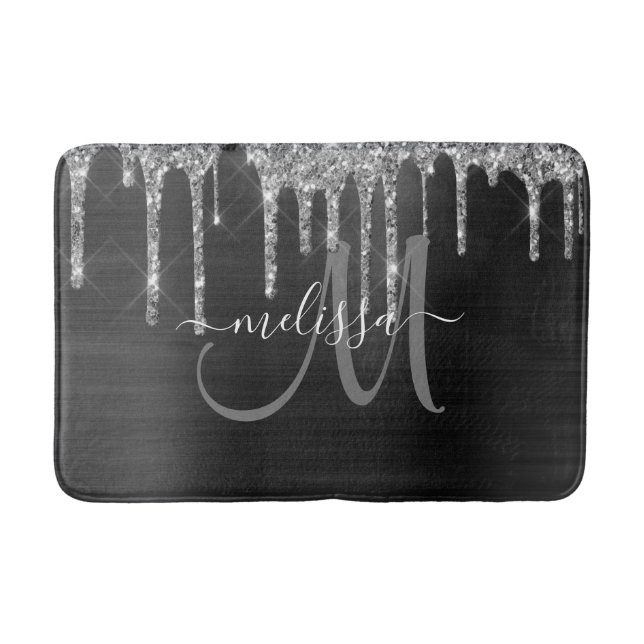 Chic Black Dripping Glitter Brush Metal Monogram Bath Mat (Front)
