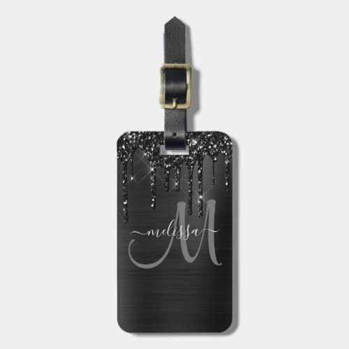 Chic Black Dripping Glitter Brush Metal Monogram Luggage Tag