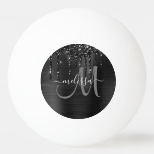 Chic Black Dripping Glitter Brush Metal Monogram Ping Pong Ball