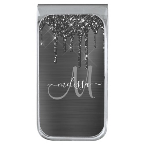 Chic Black Dripping Glitter Brush Metal Monogram Silver Finish Money Clip