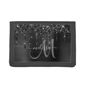 Chic Black Dripping Glitter Brush Metal Monogram Tri-fold Wallet
