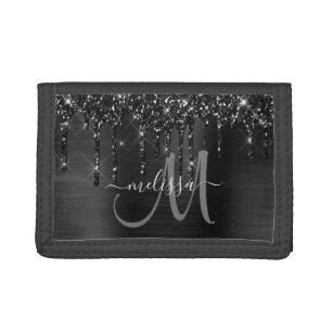 Chic Black Dripping Glitter Brush Metal Monogram Trifold Wallet