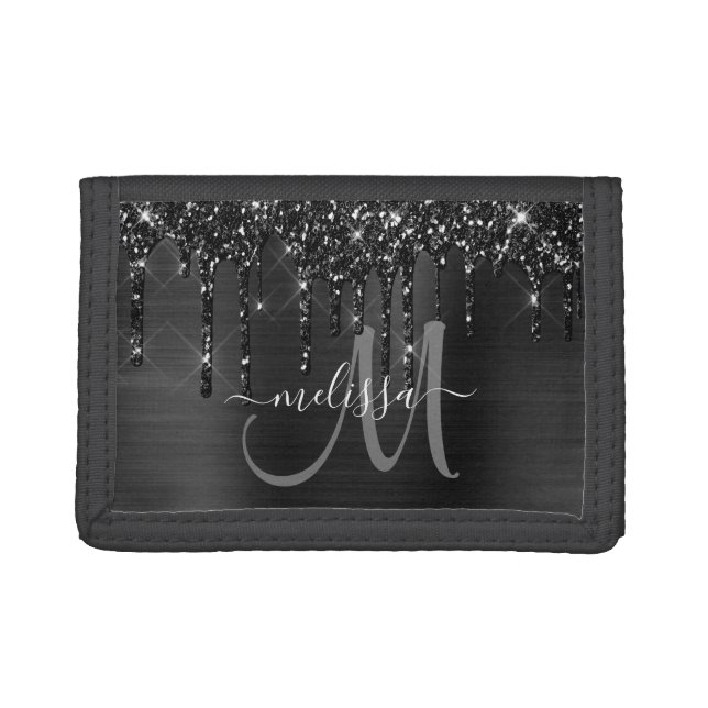 Chic Black Dripping Glitter Brush Metal Monogram Trifold Wallet (Front)