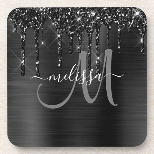 Chic Black Dripping Glitter Brushed Metal Monogram Beverage Coaster