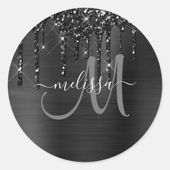 Chic Black Dripping Glitter Brushed Metal Monogram Classic Round Sticker (Front)