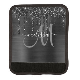 Chic Black Dripping Glitter Brushed Metal Monogram Luggage Handle Wrap