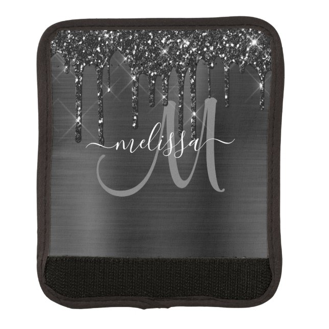 Chic Black Dripping Glitter Brushed Metal Monogram Luggage Handle Wrap (Front)