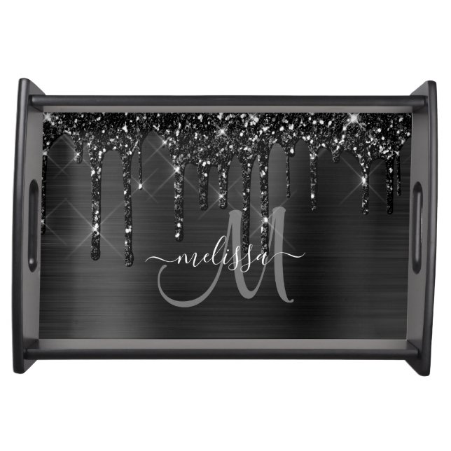 Chic Black Dripping Glitter Brushed Metal Monogram Serving Tray (Front)
