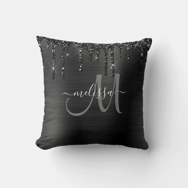 Chic Black Dripping Glitter Brushed Metal Monogram Throw Pillow (Front)