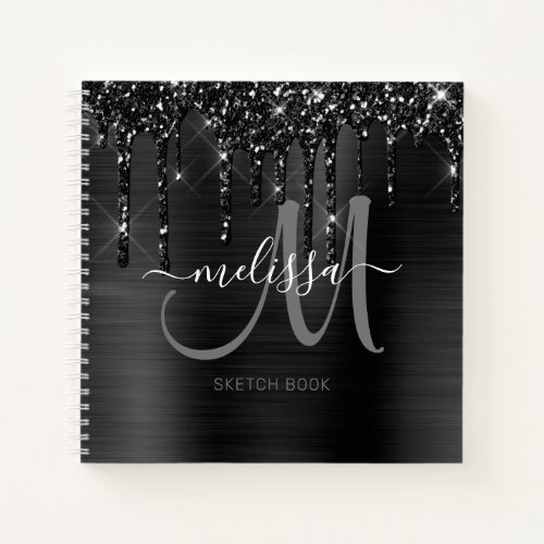 Chic Black Dripping Glitter Brushed Metal Sketch Notebook