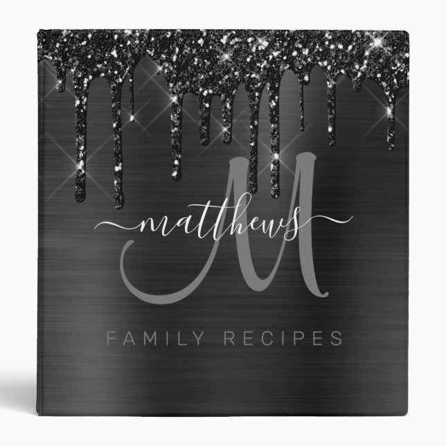 Chic Black Dripping Glitter Metal Family Recipe 3 Ring Binder (Front)