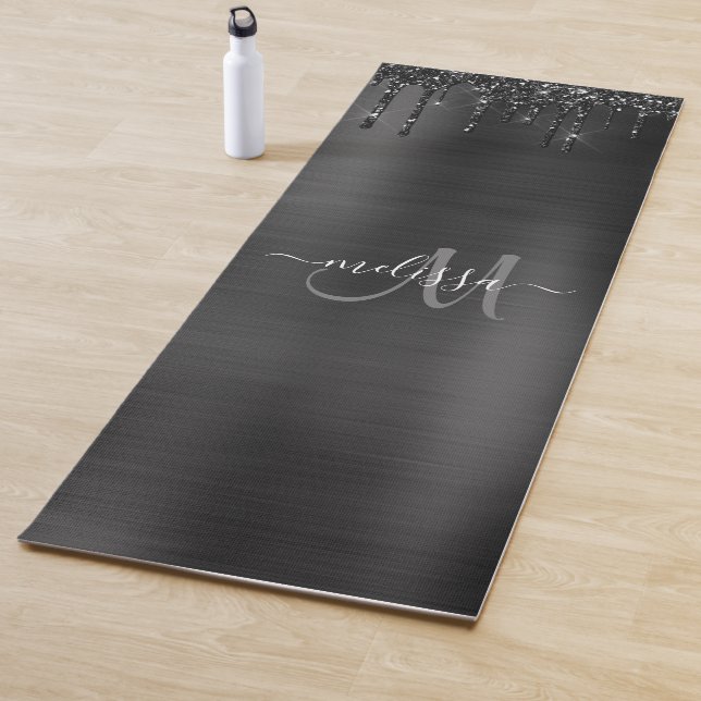 Chic Black Dripping Glitter Monogram White Name Yoga Mat (In Situ)