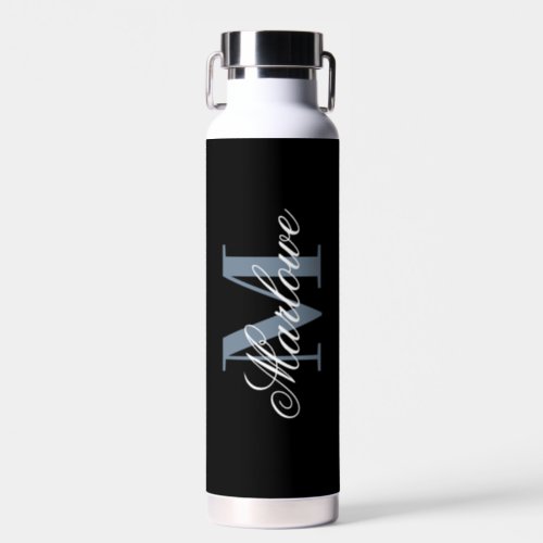 Chic Black Dusty Blue Monogram Calligraphy Water Bottle