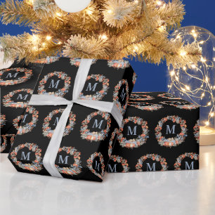 Chic Black Elegant Monogram Wreath Christmas Wrapping Paper