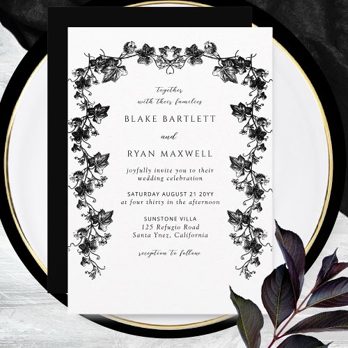 Chic Black Enchanting Botanical Garlands Wedding Invitation