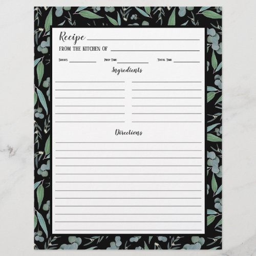 Chic Black Eucalyptus Pattern Recipe Binder Page