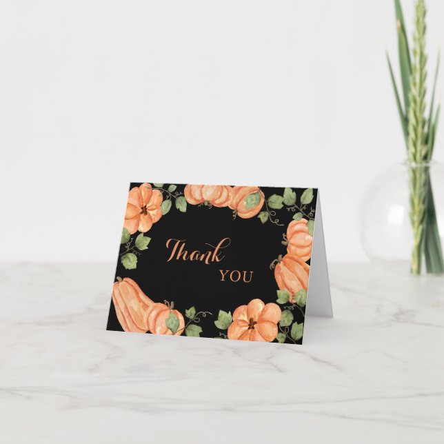 Chic Black Fall Pumpkin Baby Shower Thank You Card (Front)