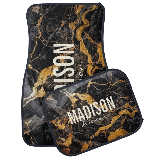 Chic black faux gold glitter marbling monogram  car floor mat (Set)