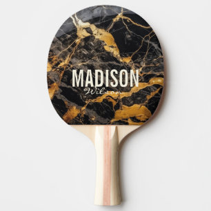 Chic black faux gold glitter marbling monogram  ping pong paddle