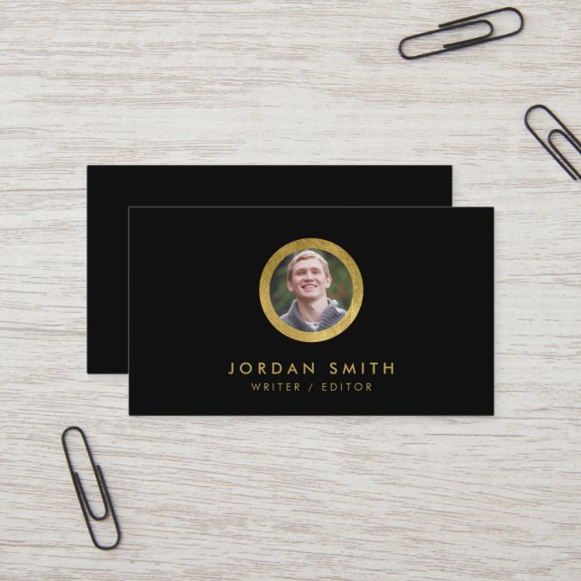 Chic Black & Faux Gold Profile Photo Social Media Business Card (Front/Back In Situ)