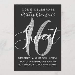 Chic Black Faux Silver Sequin Glitter Sweet 16 Invitation