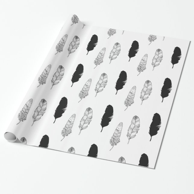 Chic Black Feathers Birthday Wrapping Paper (Unrolled)