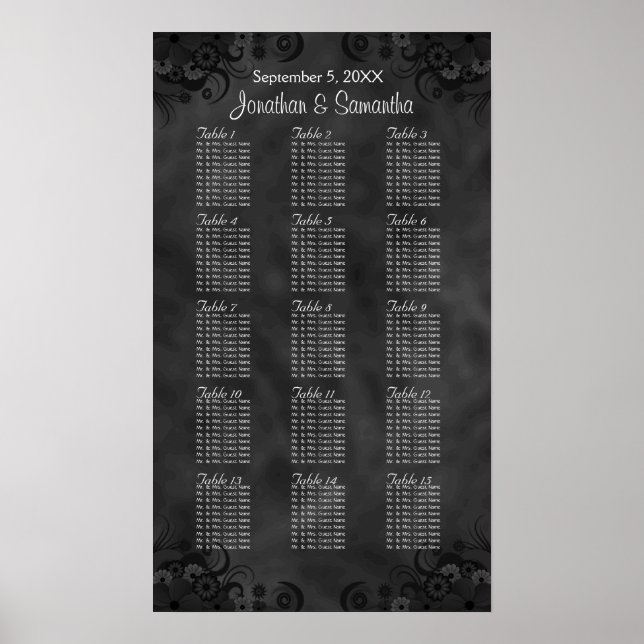 Chic Black Floral 15 Wedding Tables Seating Chart (Front)