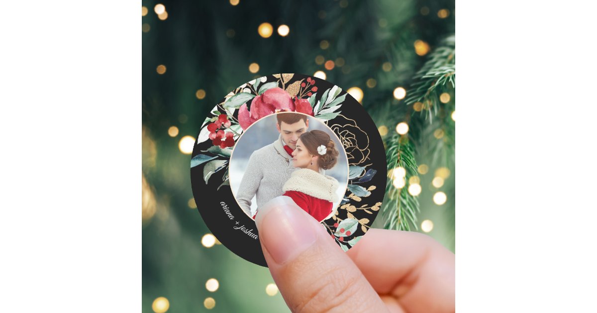 Chic Black Floral Holiday Wedding Photo Classic Round Sticker | Zazzle