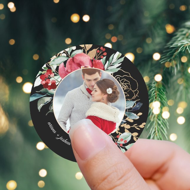Chic Black Floral Holiday Wedding Photo Classic Round Sticker (Creator Uploaded)