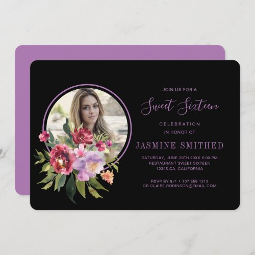 Chic Black Floral Themed Photo Sweet 16 Invitation