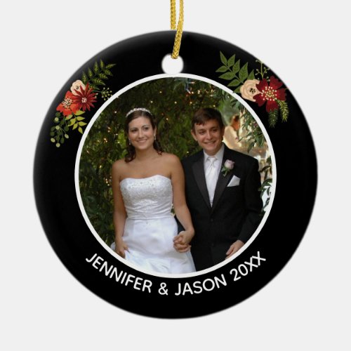 Chic Black Floral Wedding Photo Keepsake Christmas Ceramic Ornament