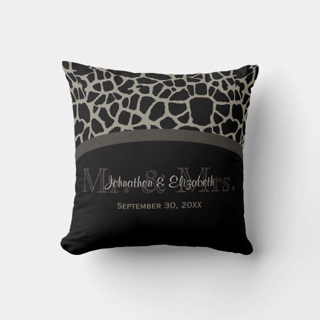 Chic Black Giraffe Wedding Elegant Monogram Throw Pillow (Front)