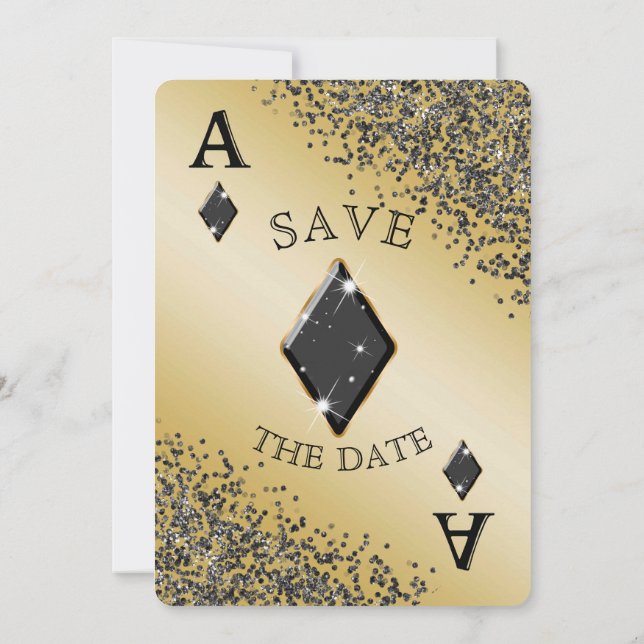 Chic Black Glitter & Ace of Diamonds Save the Date Invitation (Back)