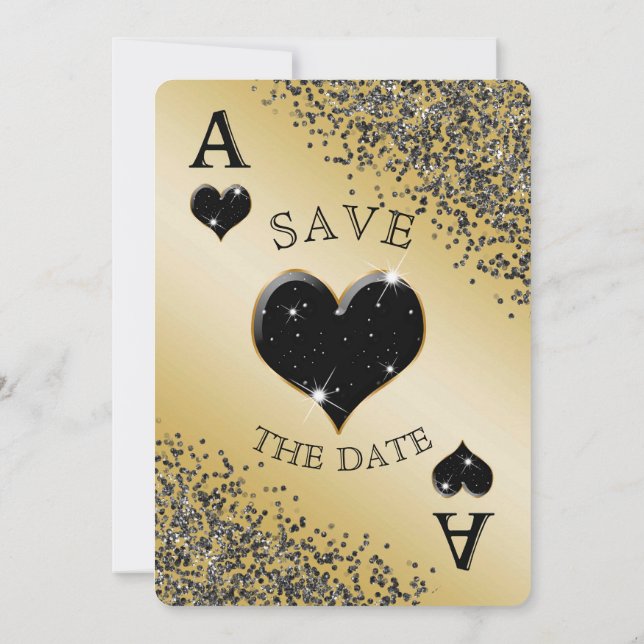 Chic Black Glitter & Ace of Hearts Save the Date Invitation (Back)