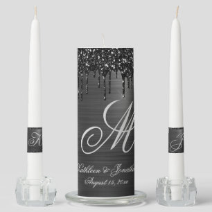 Chic Black Glitter Drips Metallic Monogram Wedding Unity Candle Set