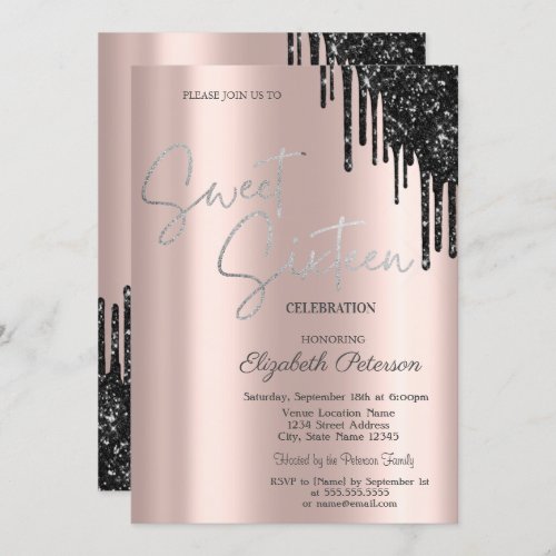 Chic Black Glitter DripsRose Gold Sweet 16  Invitation