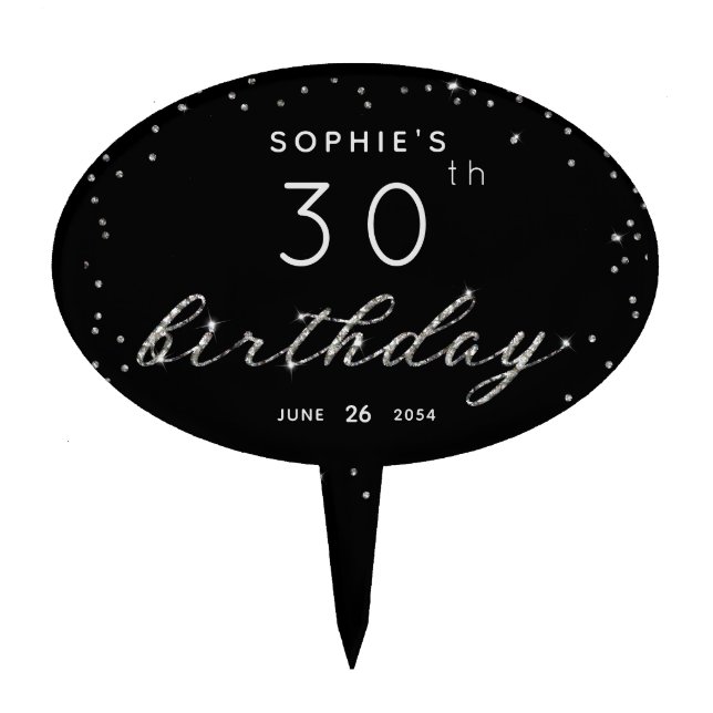 Chic Black Glitter Gems Birthday Party Cake Topper (Front)