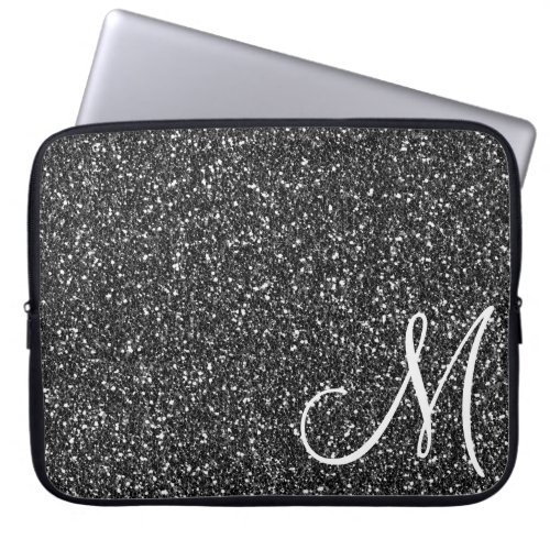 Chic Black Glitter Monogram Trendy Laptop Sleeve