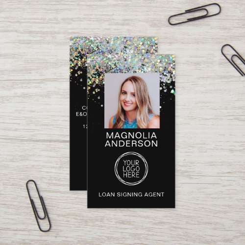 Chic Black Glitter Photo Logo Business Card