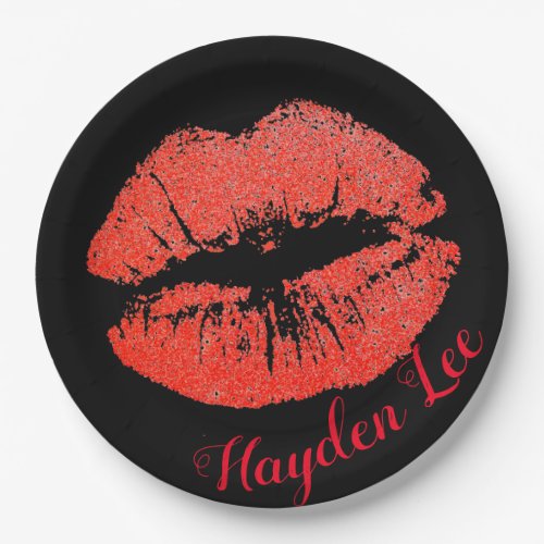 Chic Black  Glitter red Lips print Paper plates