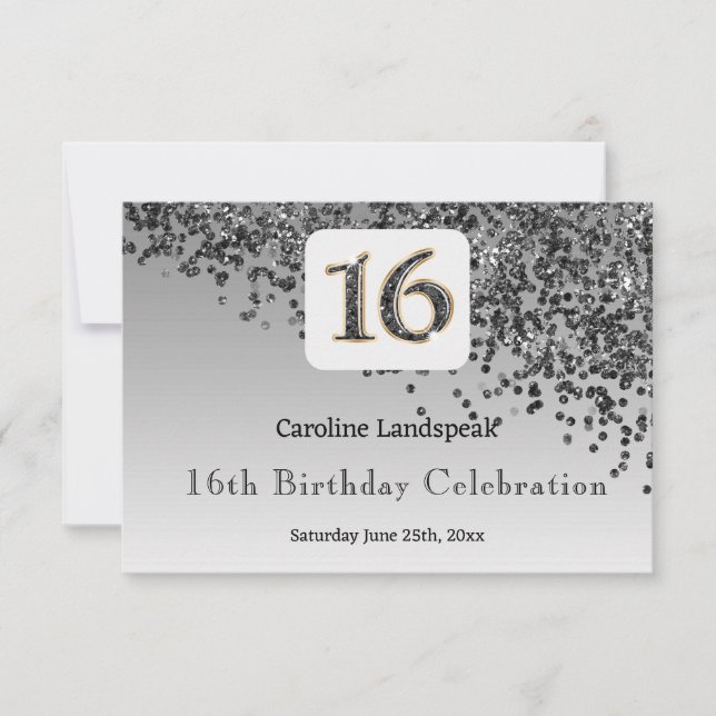 Chic Black Glitter, Sixteen Birthday RSVP (Front)