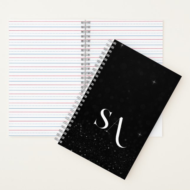 Chic Black Glitter Spiral Notebook with Initials (Inside)