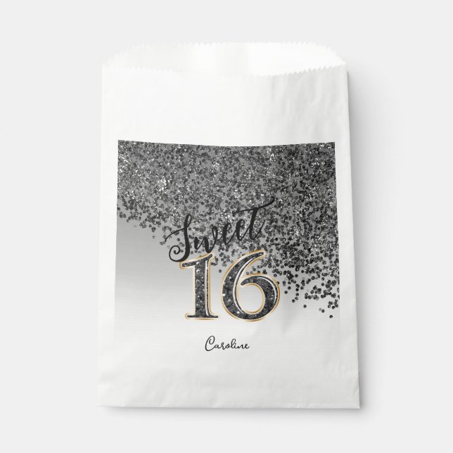 Chic Black Glitter Sweet 16 Birthday Favor Bag (Front)