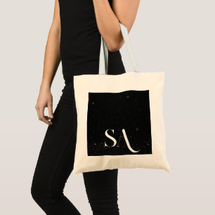 Chic Black Glitter Tote Bag with Initials