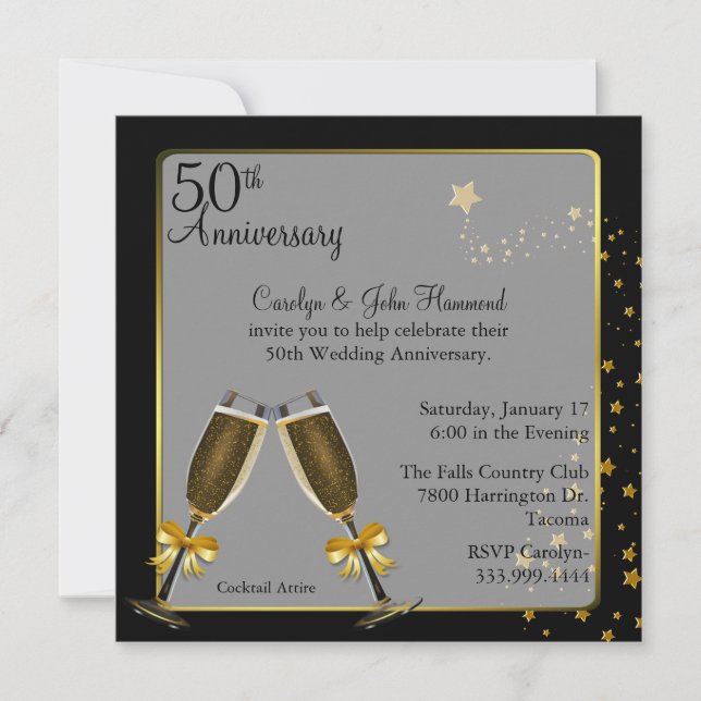 Chic Black & Gold 50th Wedding Anniversary Invitation (Front)