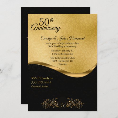 Chic Black  Gold 50th Wedding Anniversary Invitation