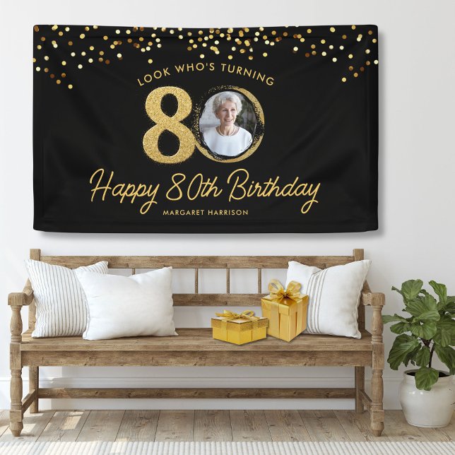 Chic Black Gold 80th Birthday Party Custom Photo Banner (Creator Uploaded)